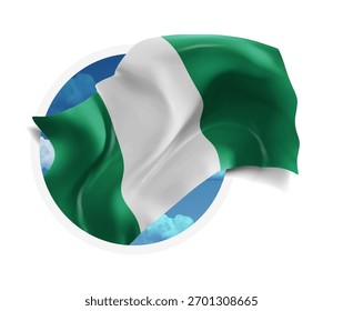 Nigeria, Vektor 3D-Flagge auf blauem Himmel, durch ein rundes Loch auf weißem Hintergrund