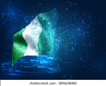 Nigeria, bandera vectorial 3d sobre fondo azul con interfaces hud