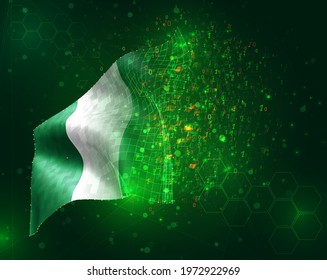 Nigeria, vector 3d flag on green background with polygons and data numbers