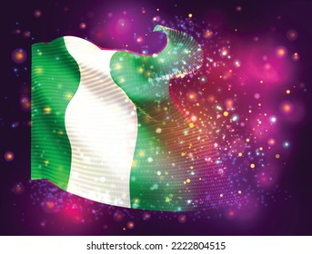 Nigeria, bandera vectorial 3d sobre fondo púrpura rosa con iluminación y bengalas