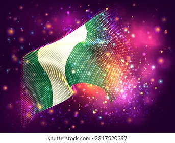 Nigeria, bandera vectorial 3d sobre fondo púrpura rosa con iluminación y bengalas