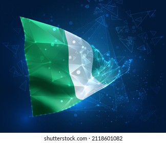 Nigeria, Vektorflagge, virtuelles abstraktes 3D-Objekt aus dreieckigen Polygonen auf blauem Hintergrund