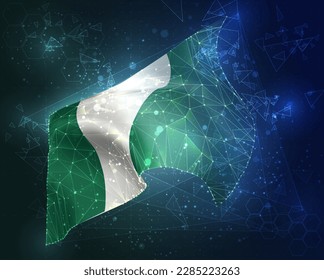 Nigeria, bandera vectorial, objeto 3D virtual abstracto de polígonos triangulares sobre fondo azul
