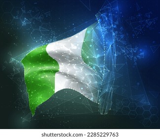 Nigeria, bandera vectorial, objeto 3D virtual abstracto de polígonos triangulares sobre fondo azul