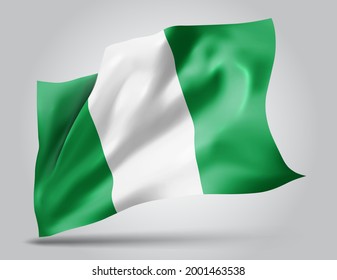 Nigeria, bandera vectorial con olas y curvas ondeando en el viento sobre un fondo blanco.