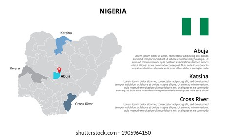 Plantilla de infografía de mapas vectoriales de Nigeria dividida por estados, regiones o provincias. Presentación con diapositivas.