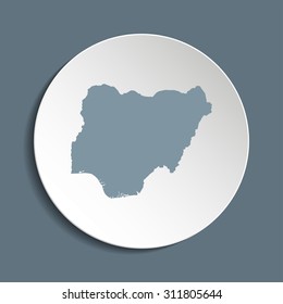 Nigeria vector map on a paper circle. Cut out from white paper icon map of Nigeria. Vector icon map of Nigeria on dark background. Paper cut style country map. 