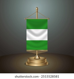 Nigeria Vertical table flag with golden pole on dark gradient background, Template banner vector Illustration