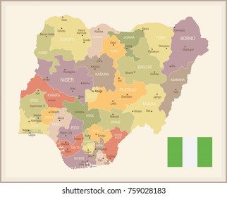 Nigeria - vintage map and flag - High Detailed Vector Illustration