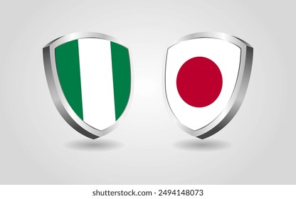 Nigeria vs Japan flag shields on a white background, Football soccer championship competition vector illustration