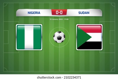 Nigeria vs Sudan scoreboard broadcast template for sport soccer africa tournament 2021 Group D and football championship in cameroon vector illustration