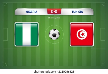 Nigeria vs Tunisia scoreboard broadcast template for sport soccer africa tournament 2021 Round of 16 and football championship in cameroon vector illustration