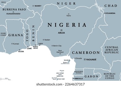 Nigeria and West Africa countries on Gulf of Guinea, gray political map. Ghana, Togo, Benin, Nigeria, Cameroon, Equatorial Guinea, and Sao Tome And Principe, with borders, capitals and largest cities.