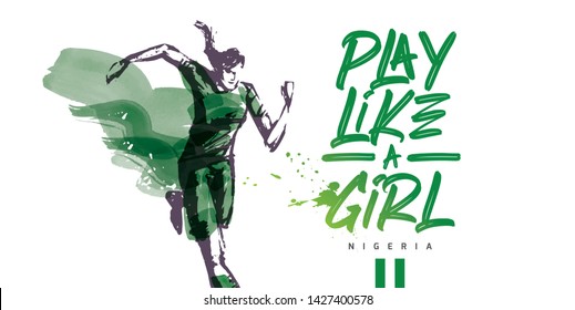 Nigeria Women's Soccer National Team Vector Design. Female Player Running. Typographic Layout. Lettering Sport Logo.