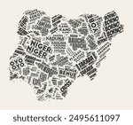 Nigeria Word Cloud. Country with regions division. Nigeria typographic text clouds vector image design. Vintage gazette style country shape image. Creative vector illustration.