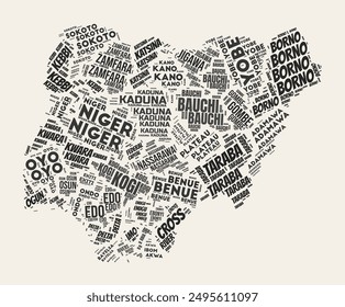 Nube de palabras de Nigeria. Country con la división de regiones. Diseño de Imagen de Vector de nubes de texto tipográfico de Nigeria. Imagen en forma de país estilo Antiguas gazette. Ilustración vectorial creativa.