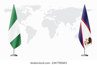 Nigerian and American Samoa flags for official meeting against background of world map.