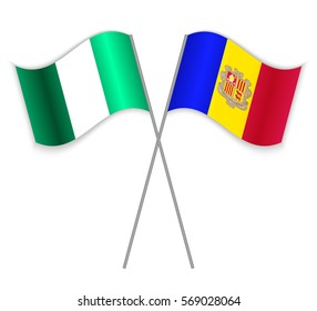 Nigerian and Andorran crossed flags. Nigeria combined with Andorra isolated on white. Language learning, international business or travel concept.