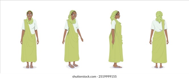 Nigerian black woman cartoon 2d character different view vector illustration, green dress with hijab.