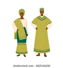 Nigerian couple in colorful traditional apparel vector flat illustration. Man and woman wearing national nigeria country costume isolated. People in folk outfit decorated with design elements
