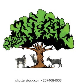 Nigerian Dwarf goat logo with a big tree on a separate white background