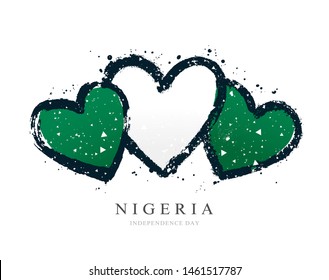 Nigerian flag in the form of three hearts. Vector illustration on white background. Brush strokes drawn by hand. Nigeria Independence Day.