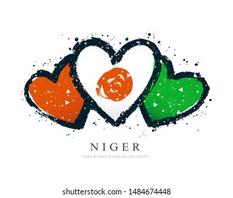 Nigerian flag in the form of three hearts. Vector illustration on a white background. Brush strokes are drawn by hand. Niger Independence Day.