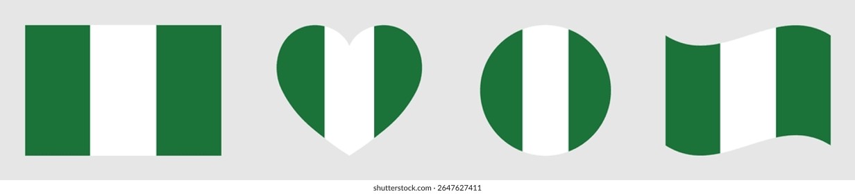 Nigerian flags set in square, heart, circle and waving formats designs element. Nigeria flags collection. Set of Nigeria flags icons isolated on gray background. Vector illustration.