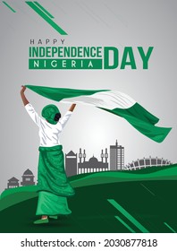 Nigerian Girl waving flag her hands. 1st october Happy Independence day celebration concept. can be used as poster or banner design. vector illustration.