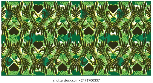 Diseño de patrón de textura de pájaro sin costura monocromo verde nigeriano, diseño de textura boho sin costuras.