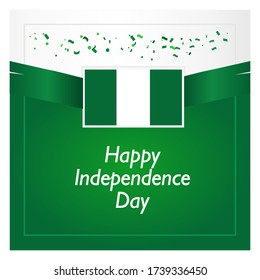 Cartel del Día de la Independencia de Nigeria o diseño de afiches con bandera, cintas y confetti. Celebración del Día Nacional.