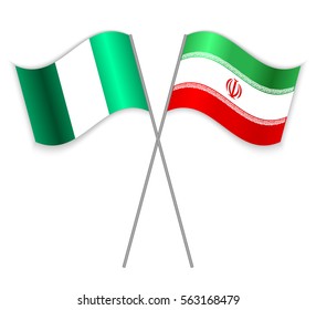 Nigerian and Iranian crossed flags. Nigeria combined with Iran isolated on white. Language learning, international business or travel concept.