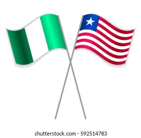 Nigerian and Liberian crossed flags. Nigeria combined with Liberia isolated on white. Language learning, international business or travel concept.