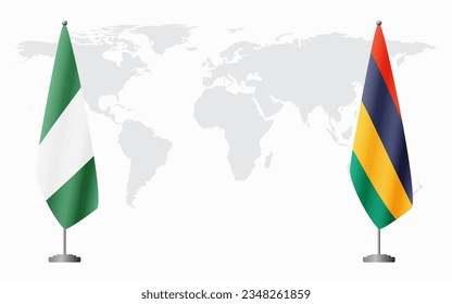 Nigerian and Mauritius flags for official meeting against background of world map.