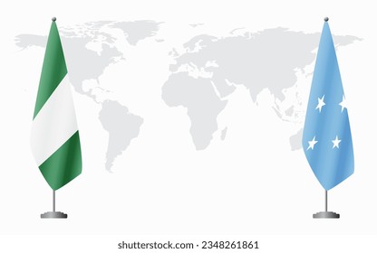 Nigerian and Micronesia flags for official meeting against background of world map.