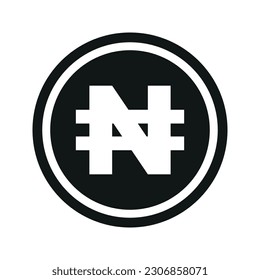 Nigerian Naira icon. Flat black and white currency coin. Money Naira symbol. Vector isolated on white background.