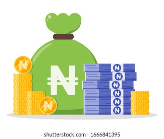 Nigerian Naira money bundle and coin stack sack bag vector icon logo and design. Nigeria Currency business, payment and finance element. Can be used for web, mobile, infographic & print.