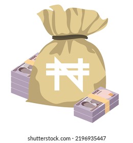 Nigerian Naira Vector Illustration. Nigeria money set bundle banknotes. Money bag 1000 NGN. Flat style. Isolated on white background. Simple minimal design.