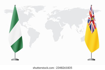 Nigerian and Niue flags for official meeting against background of world map.