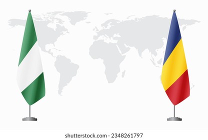 Nigerian and Romania flags for official meeting against background of world map.