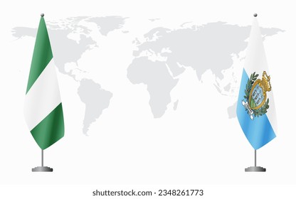 Nigerian and San Marino flags for official meeting against background of world map.