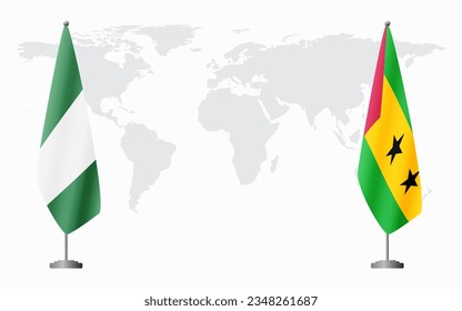 Nigerian and Sao Tome and Principe flags for official meeting against background of world map.