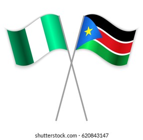 Nigerian and South Sudanese crossed flags. Nigeria combined with South Sudan isolated on white. Language learning, international business or travel concept.