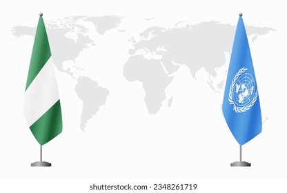 Nigerian and United Nations flags for official meeting against background of world map.