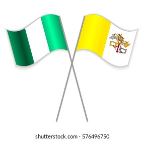 Nigerian and Vatican crossed flags. Nigeria combined with Vatican City State isolated on white. Language learning, international business or travel concept.