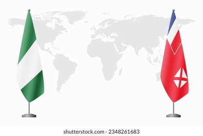 Nigerian and Wallis and Futuna flags for official meeting against background of world map.