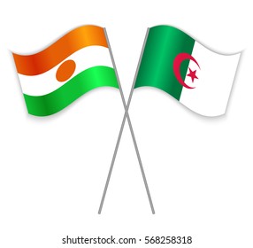 Nigerien and Algerian crossed flags. Niger combined with Algeria isolated on white. Language learning, international business or travel concept.
