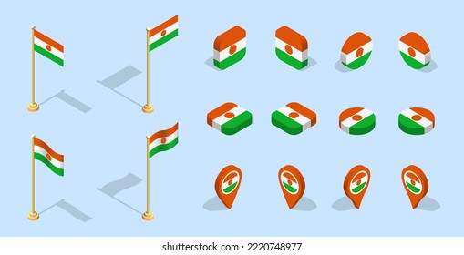 Nigerien flag (Republic of Niger). 3D isometric flag set icon. Editable vector for banner, poster, presentation, infographic, website, apps, maps, and other uses.