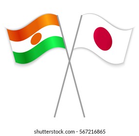 Nigerien and Japanese crossed flags. Niger combined with Japan isolated on white. Language learning, international business or travel concept.
