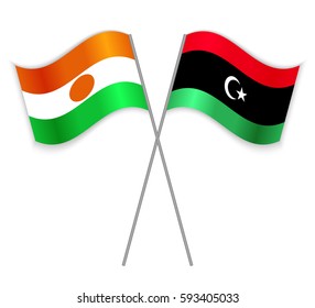 Nigerien and Libyan crossed flags. Niger combined with Libya isolated on white. Language learning, international business or travel concept.